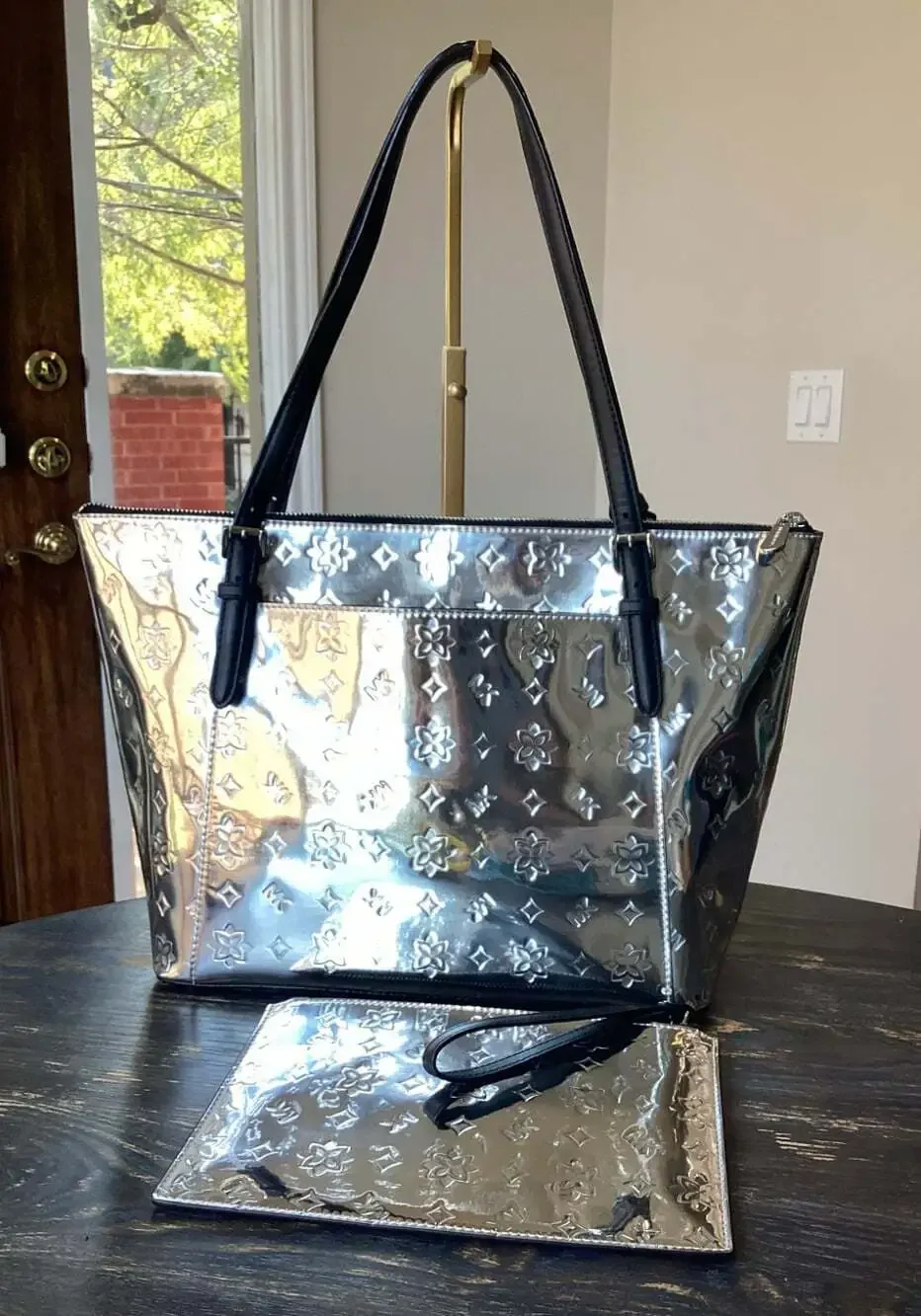 Michael Kors Ciara Zip Top Silver Mirror Embossed Tote with Matching Wristlet